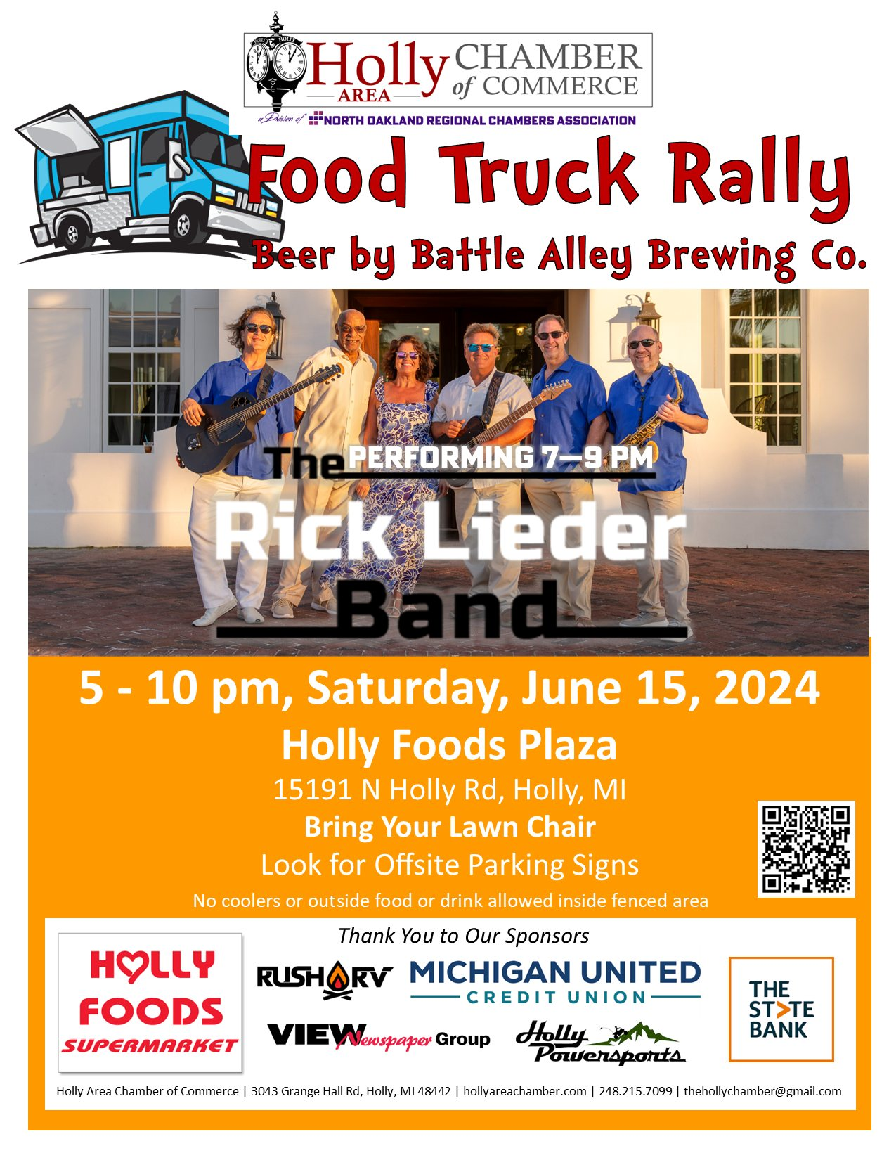 A poster for a food truck rally featuring rick lieder band.