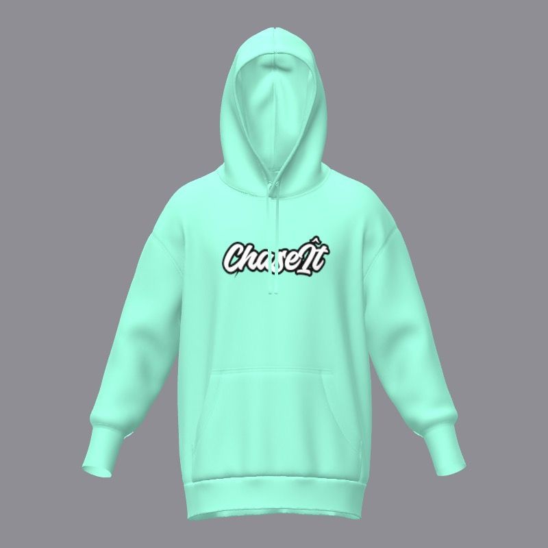 A mint green hoodie with the word chase on it