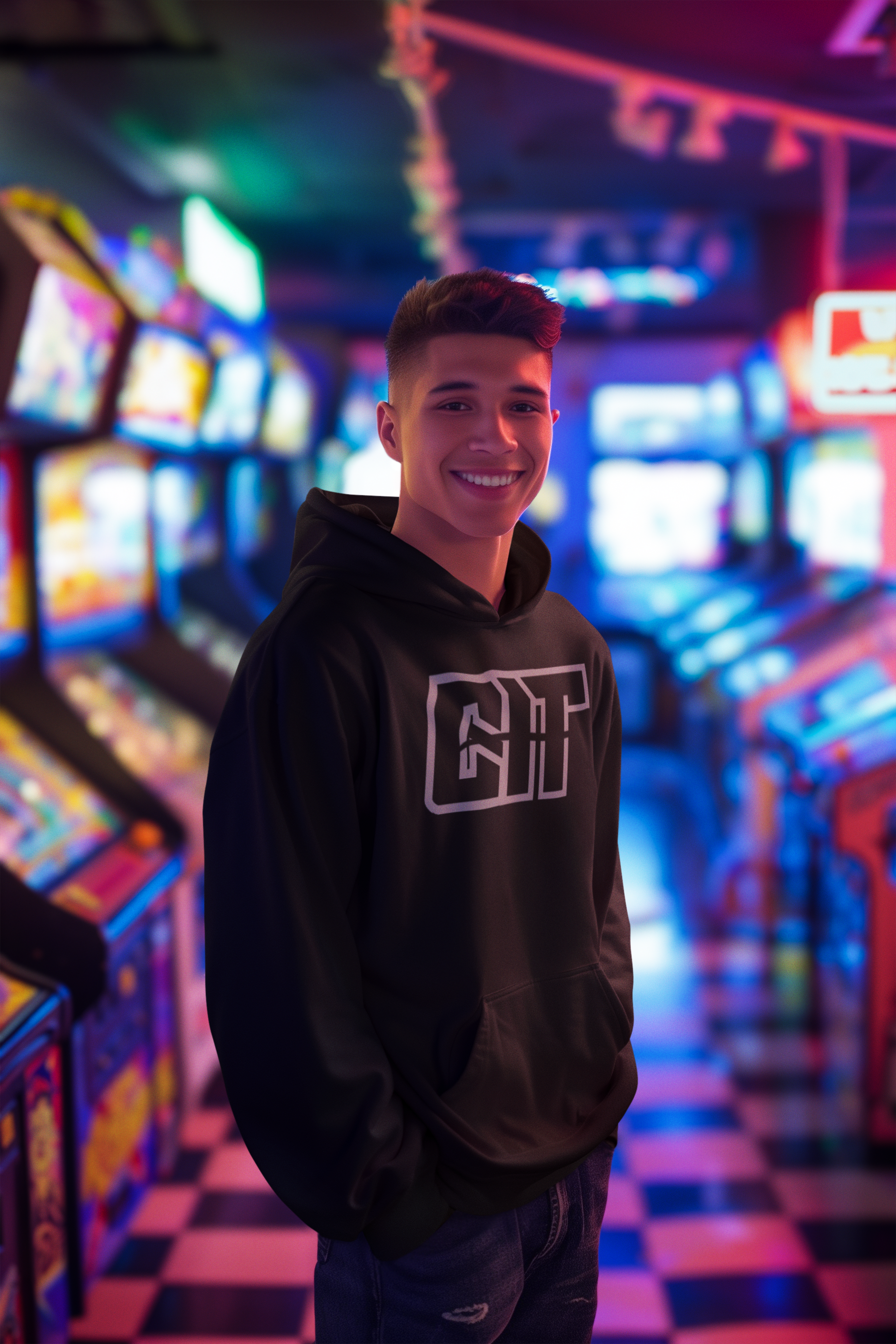 A young man wearing a black hoodie is standing in a video game room.