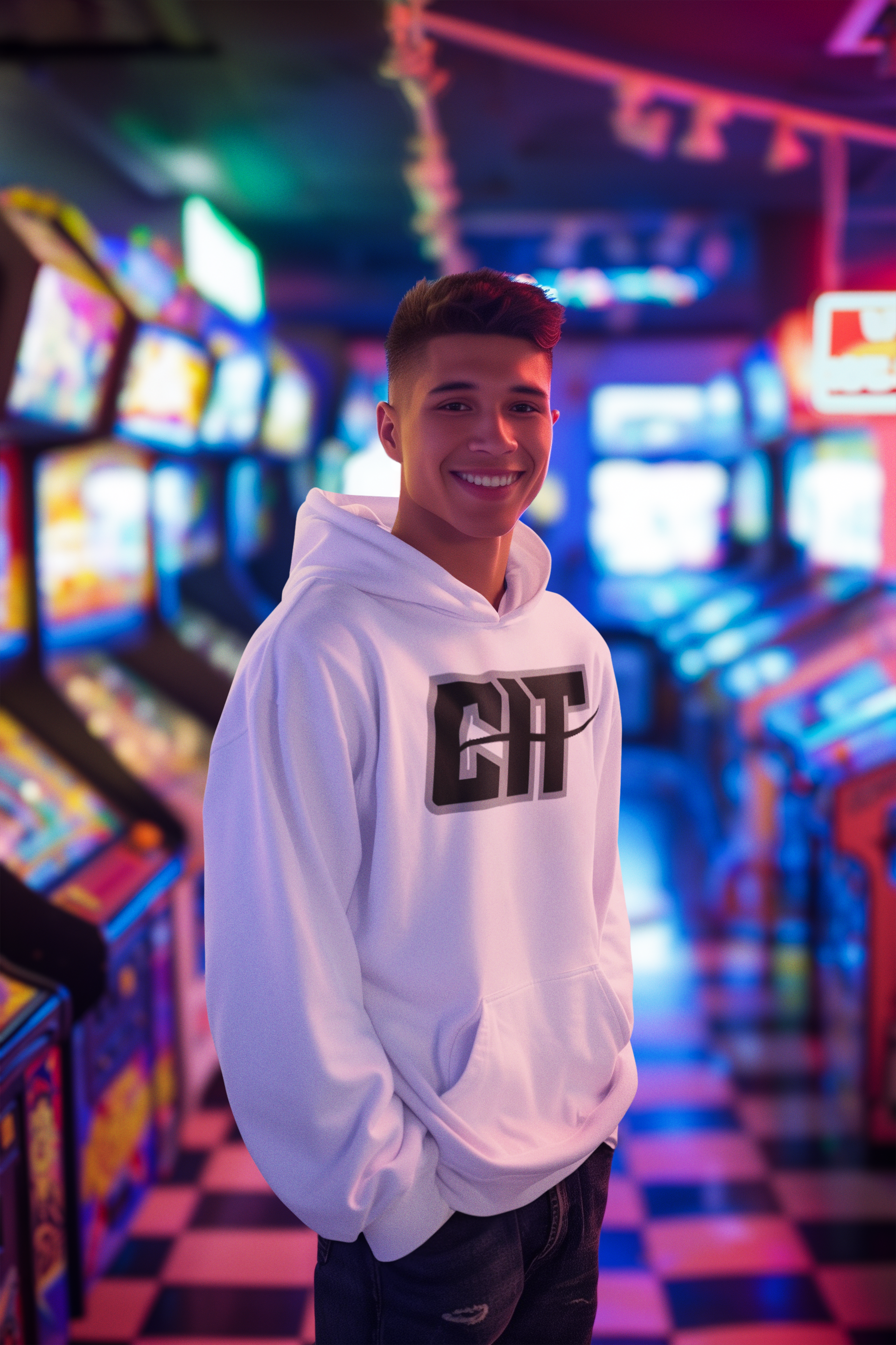 A young man wearing a white hoodie is standing in an arcade.