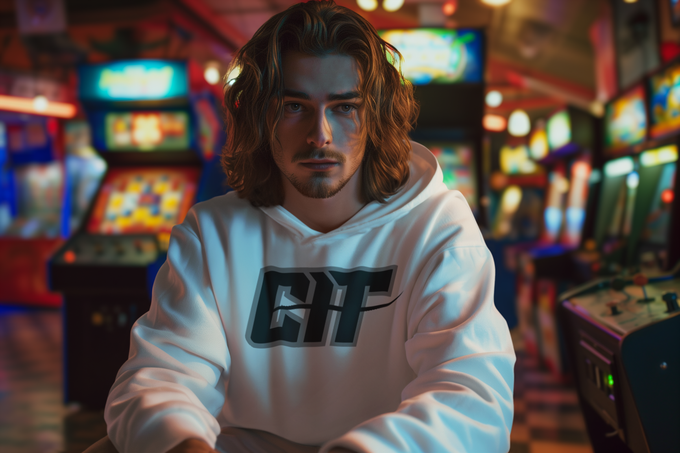 A man in a white hoodie is sitting in an arcade.