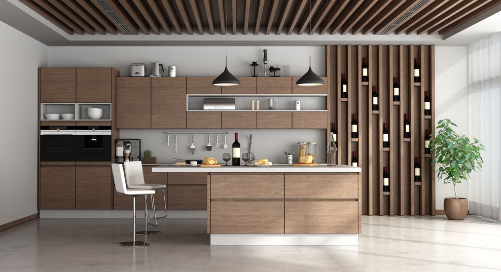 A modern kitchen with wooden cabinets, an island,  and a wine rack.