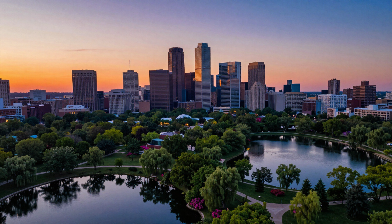 Lush greenery and lakes in a Minnesota cityscape at sunset