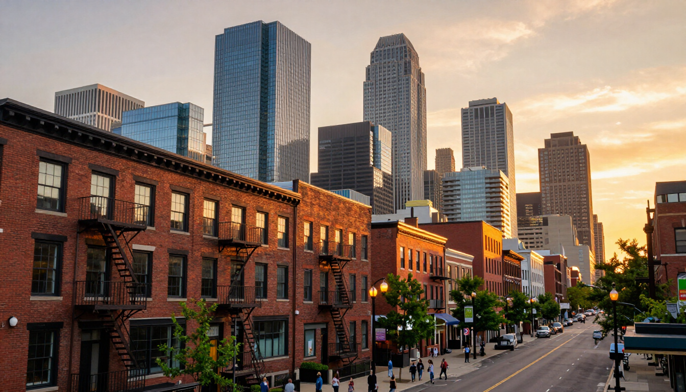 Modern street view of a popular Minneapolis neighborhood with cafes and apartments.