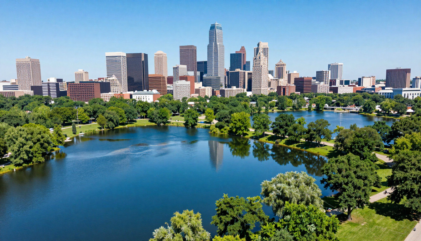 Beautiful view of a lake in South Minneapolis with biking trails and lush trees.