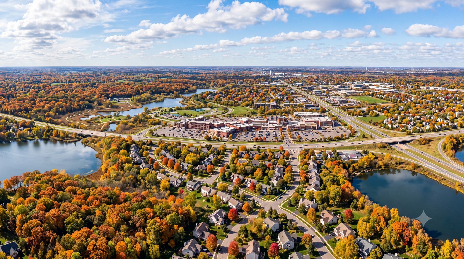 Aerial view of a suburban town with autumn trees, houses, roads, and two lakes under a partly cloudy sky