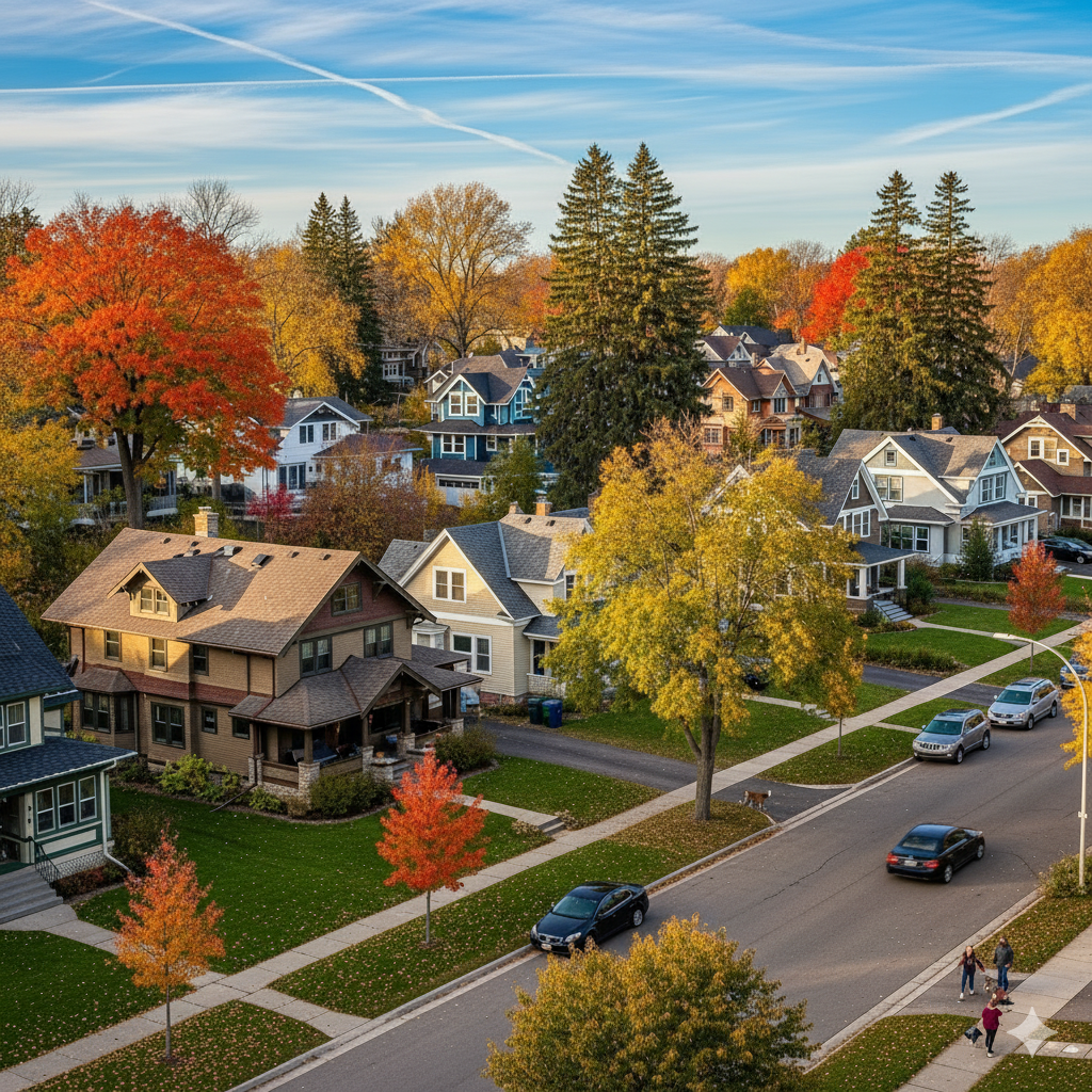 Suburban street lined with houses and colorful autumn trees; cars parked on the street.