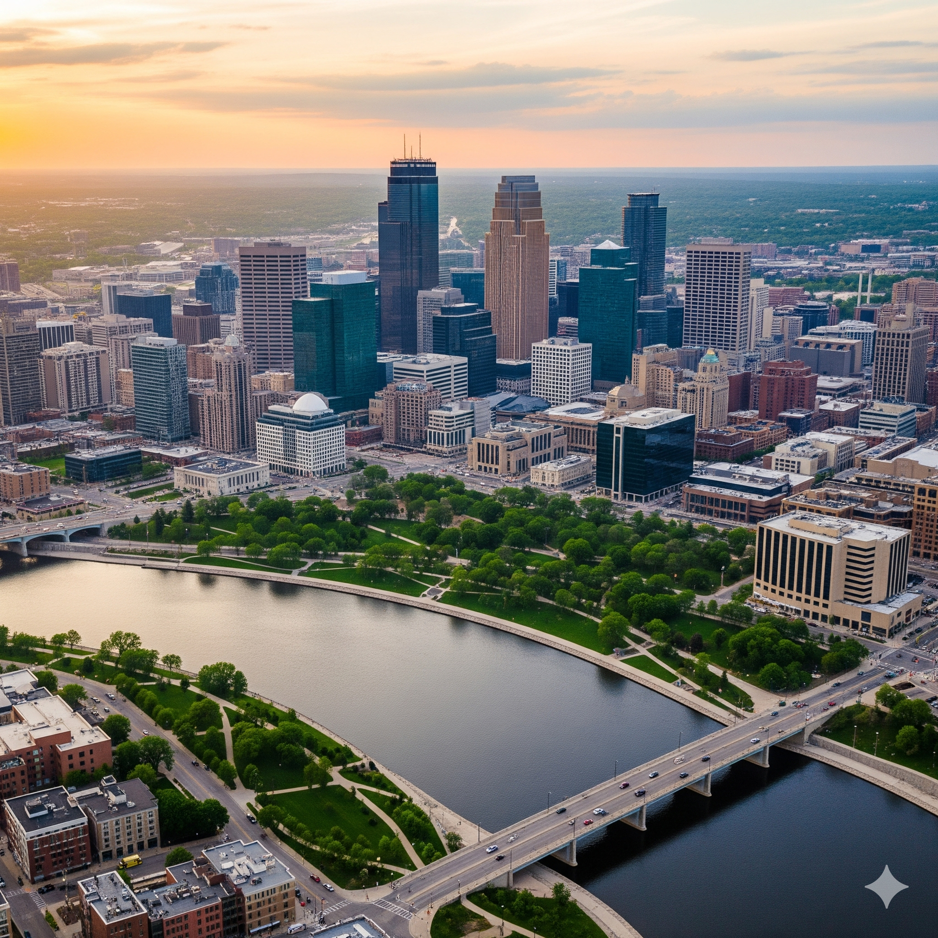 Aerial view of Minneapolis skyline at sunset, with a river and bridges in the foreground.