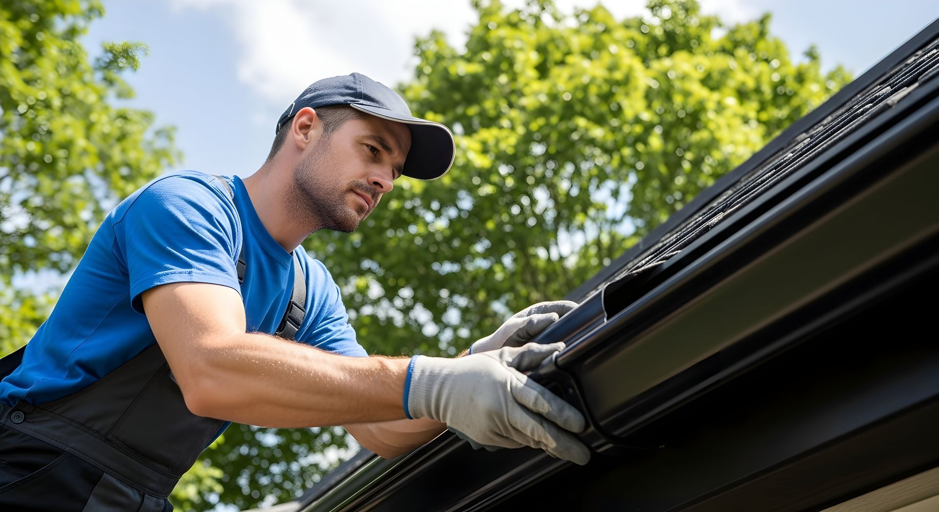 Worker installing or adjusting a roof gutter while standing on a ladder