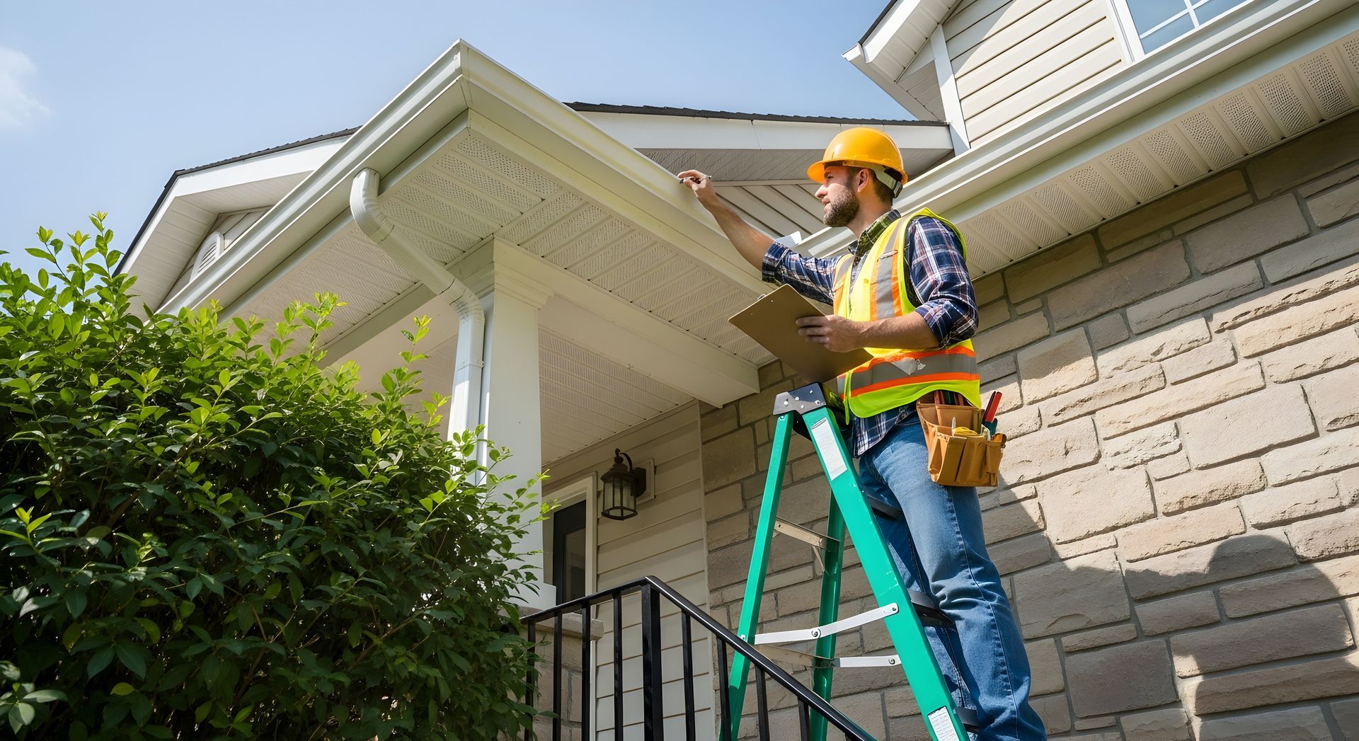 Construction worker on ladder inspecting the eaves of a house. Construction worker on ladder inspecting the eaves of a house.