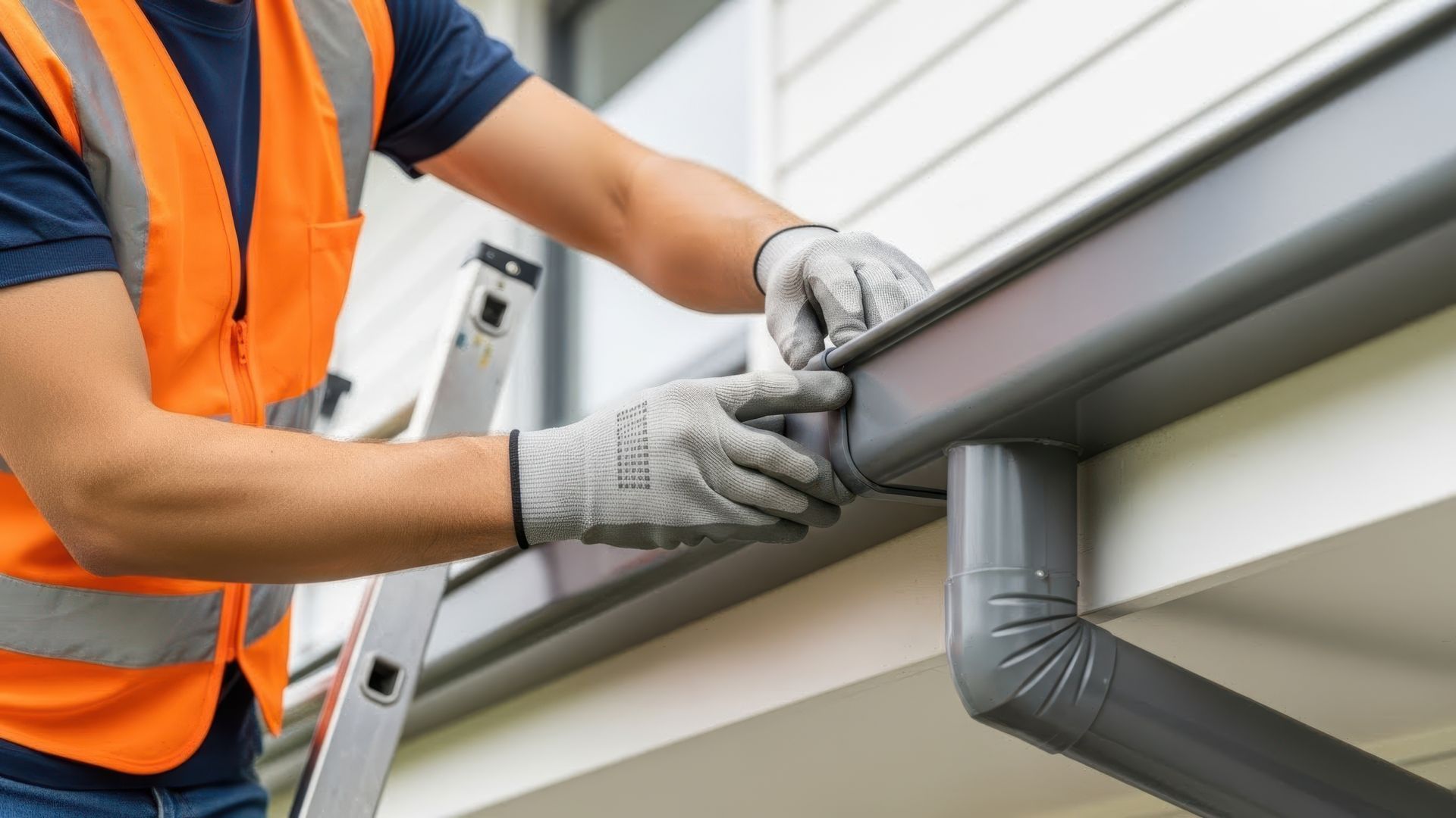 Worker attaching a section of a roof gutter while standing on a ladder.