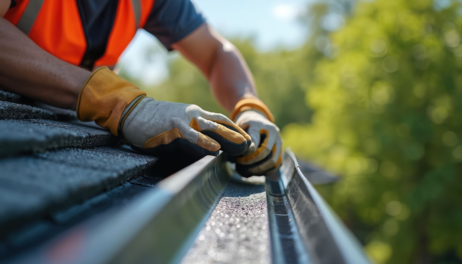 Worker installing or adjusting a roof gutter with gloves on a sunny day.