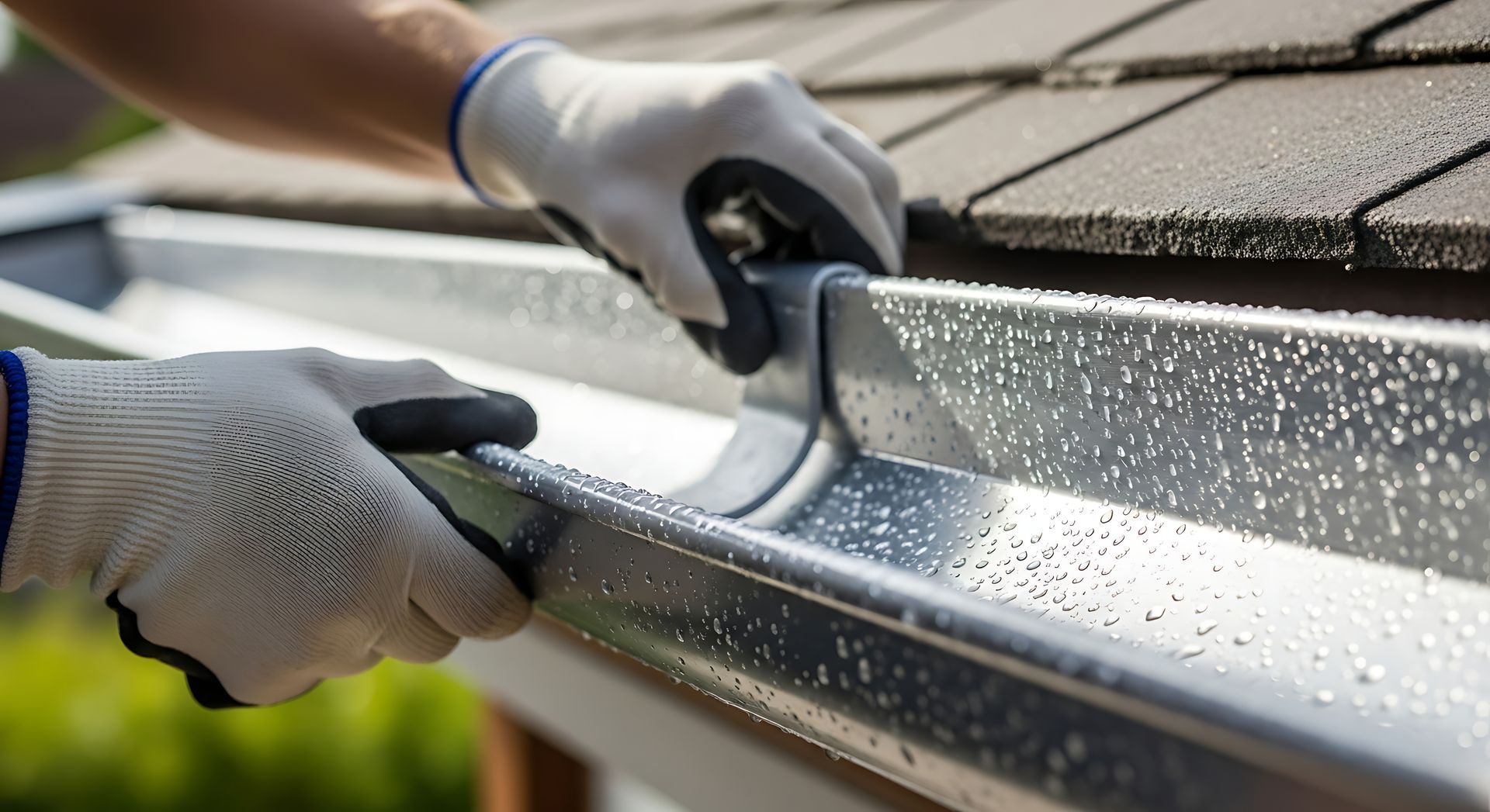 Worker in gloves repairing roof gutter, tightening metal bracket to control rainwater flow.