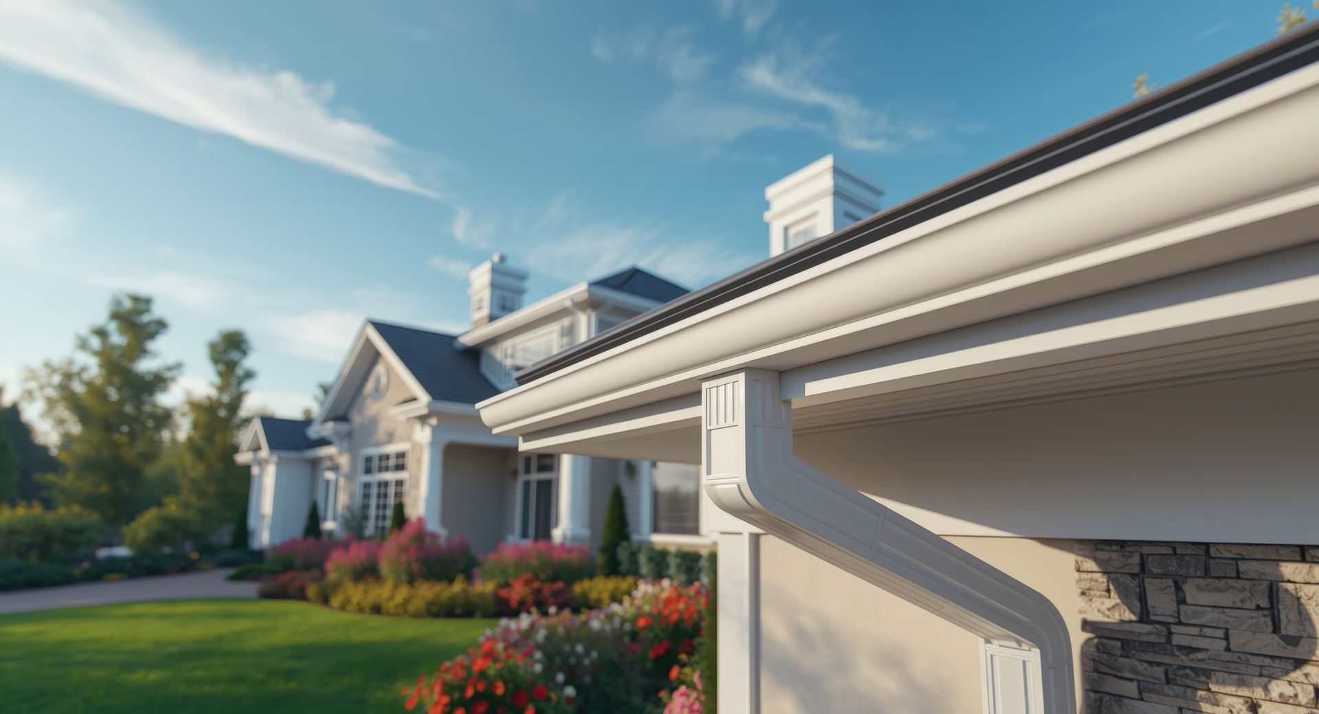 Close-up of clean seamless white gutters and downspout on a well-maintained residential home