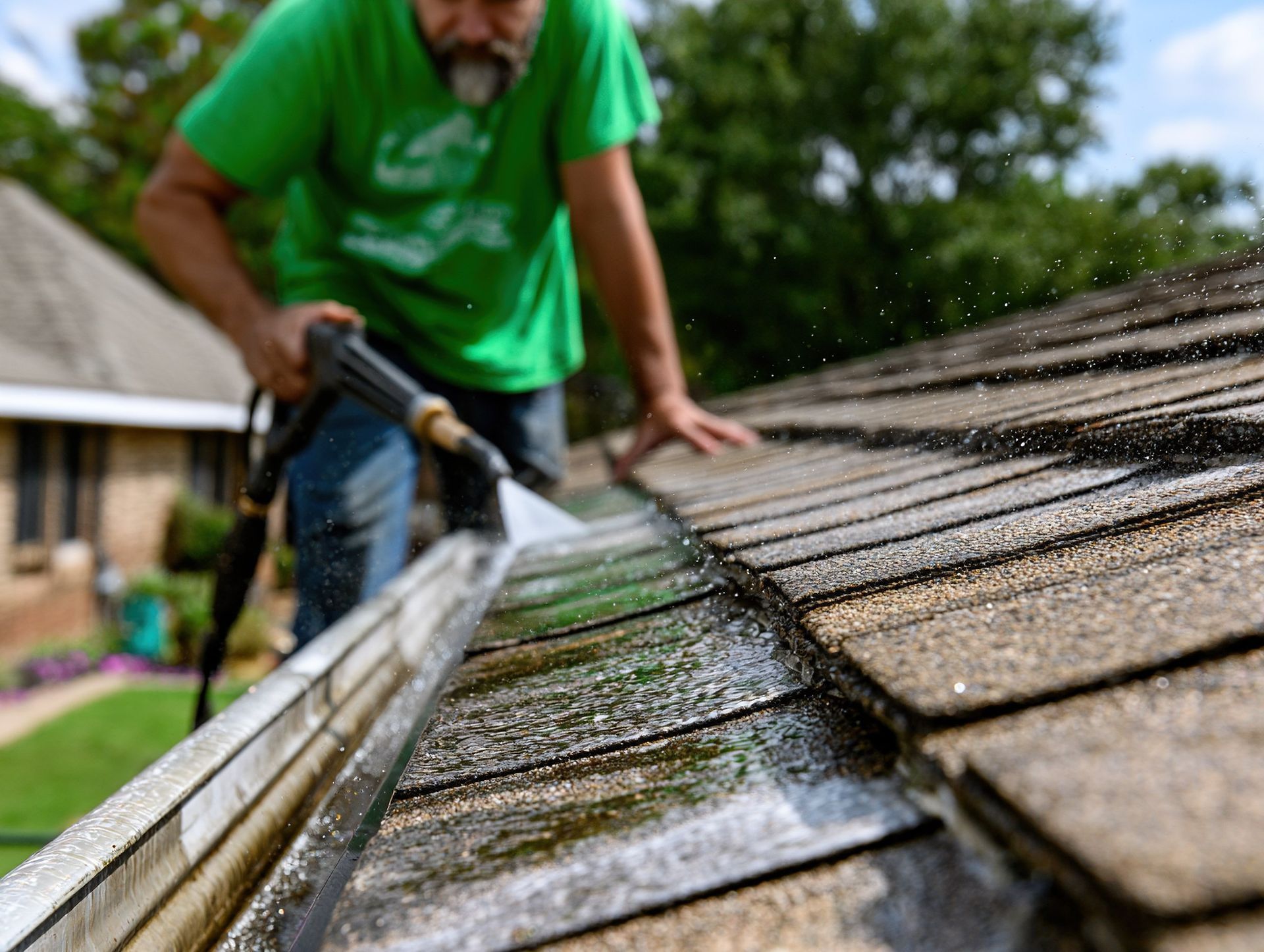 Gutter cleaning contractor flushing debris from rooftop gutters with a pressure hose