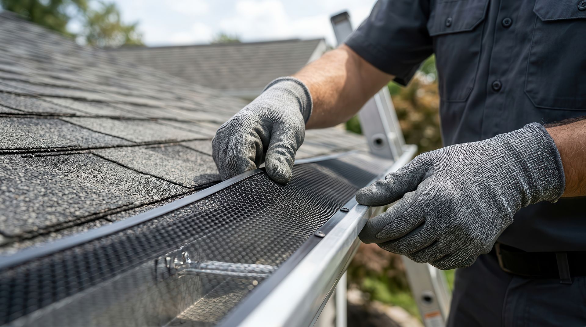 Contractor in work gloves installing gutter guard mesh along the roofline of a residential home Contractor in work gloves installing gutter guard mesh along the roofline of a residential home