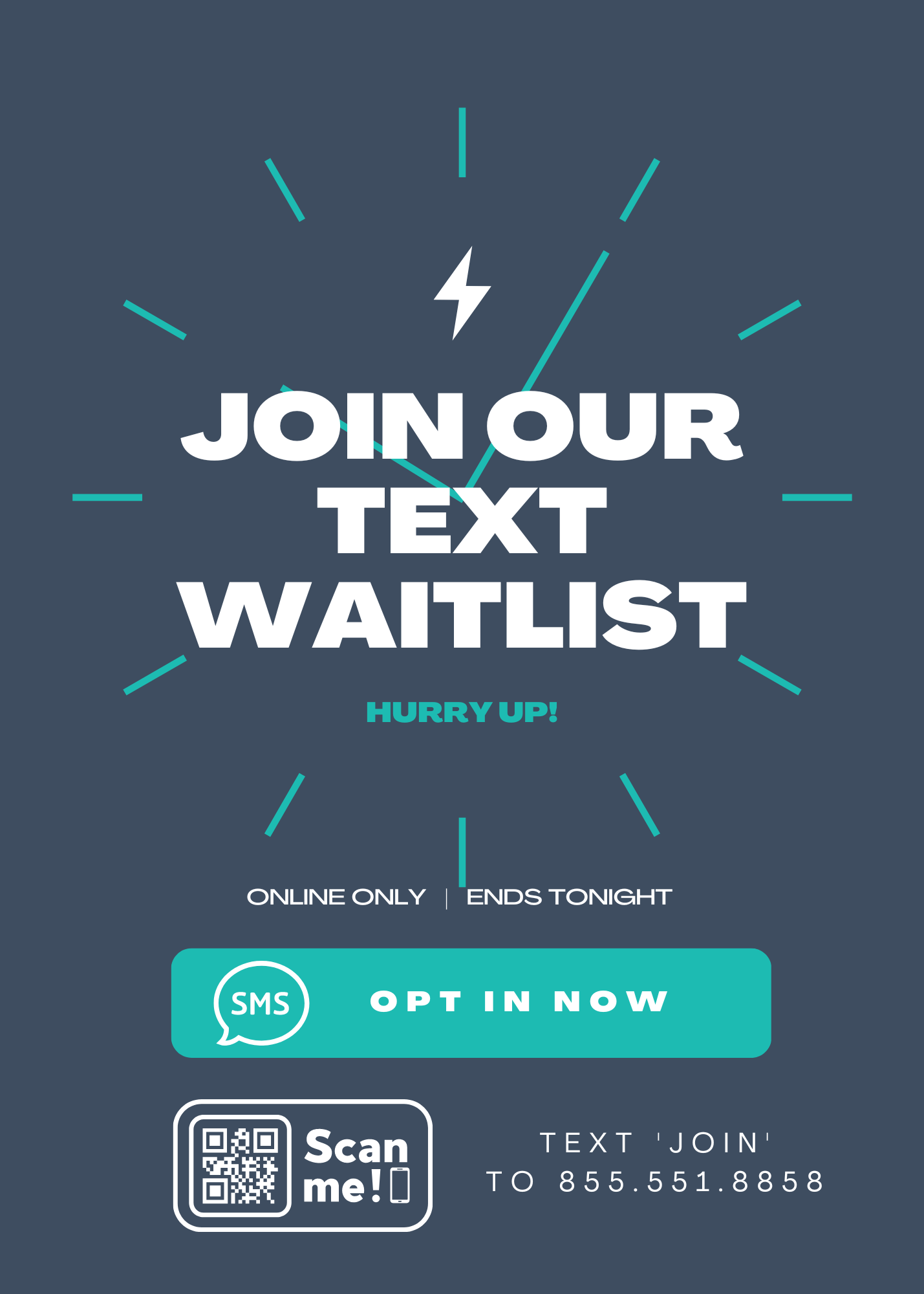 waitlist form with multiple call to actions for opt-in via QR and SMS