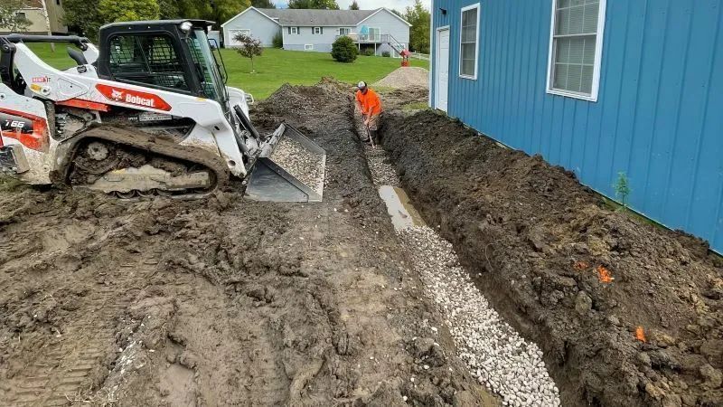 A bulldozer is digging a trench in front of a blue house.