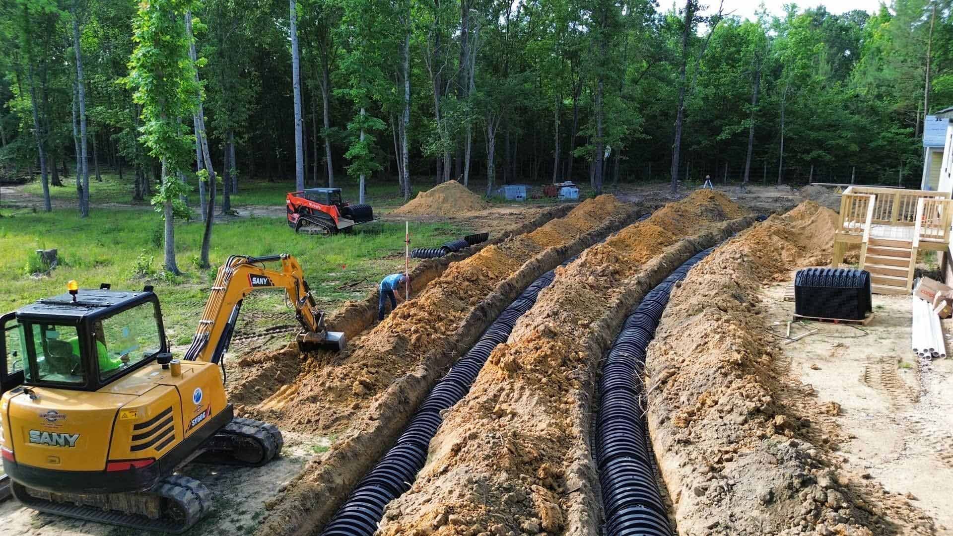 A yellow excavator is digging a trench in the dirt.