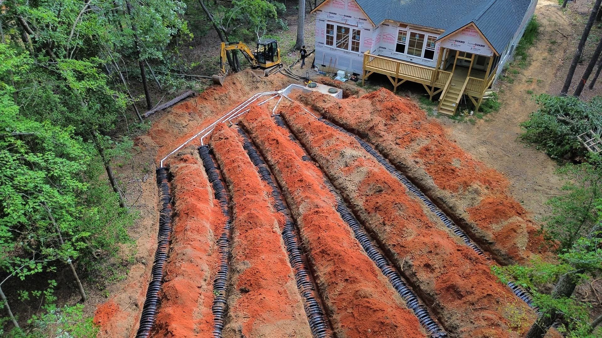 An aerial view of a house under construction with a lot of dirt in front of it.