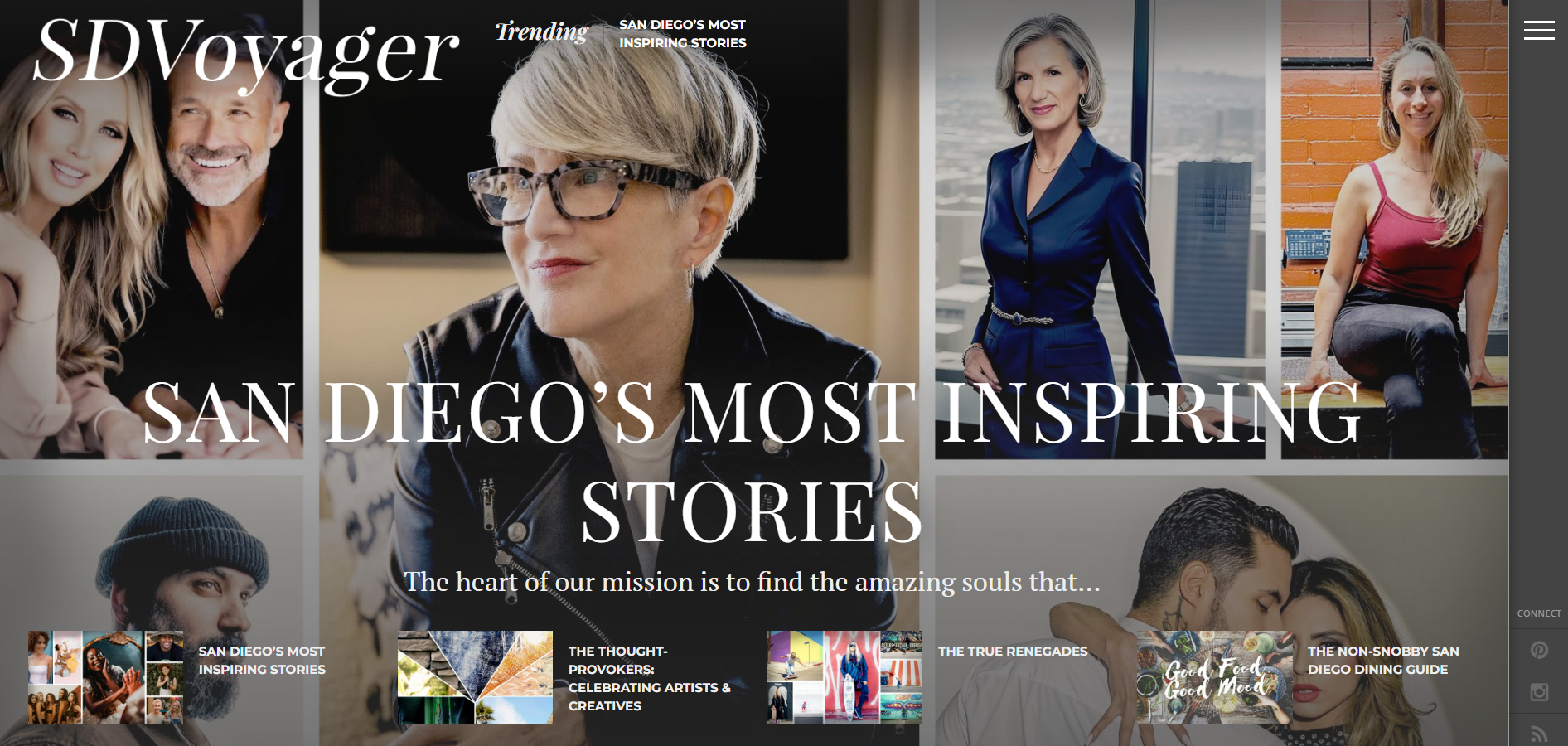 A woman wearing glasses is on the homepage of a website called san diego 's most inspiring stories.