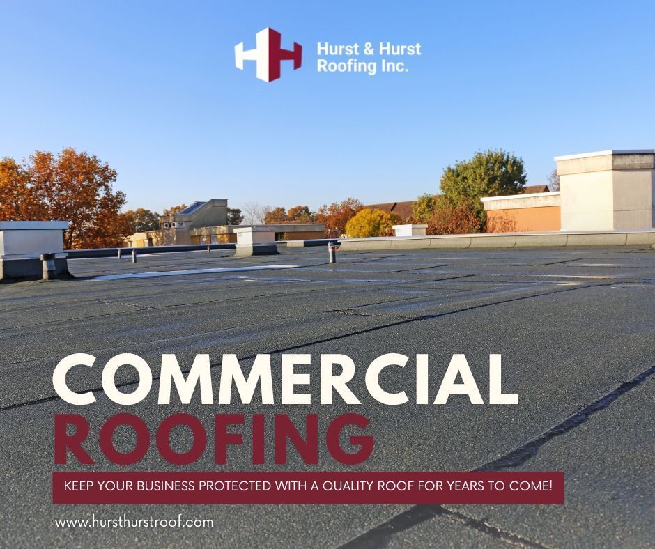 Commercial building roof with text overlay advertising commercial roofing services.