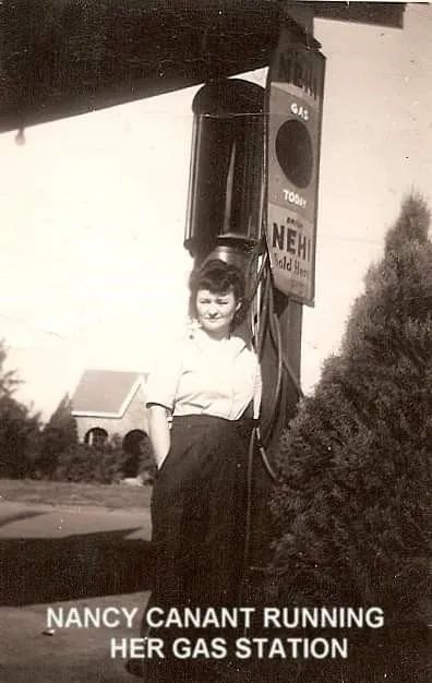 A black and white photo of nancy canant running her gas station
