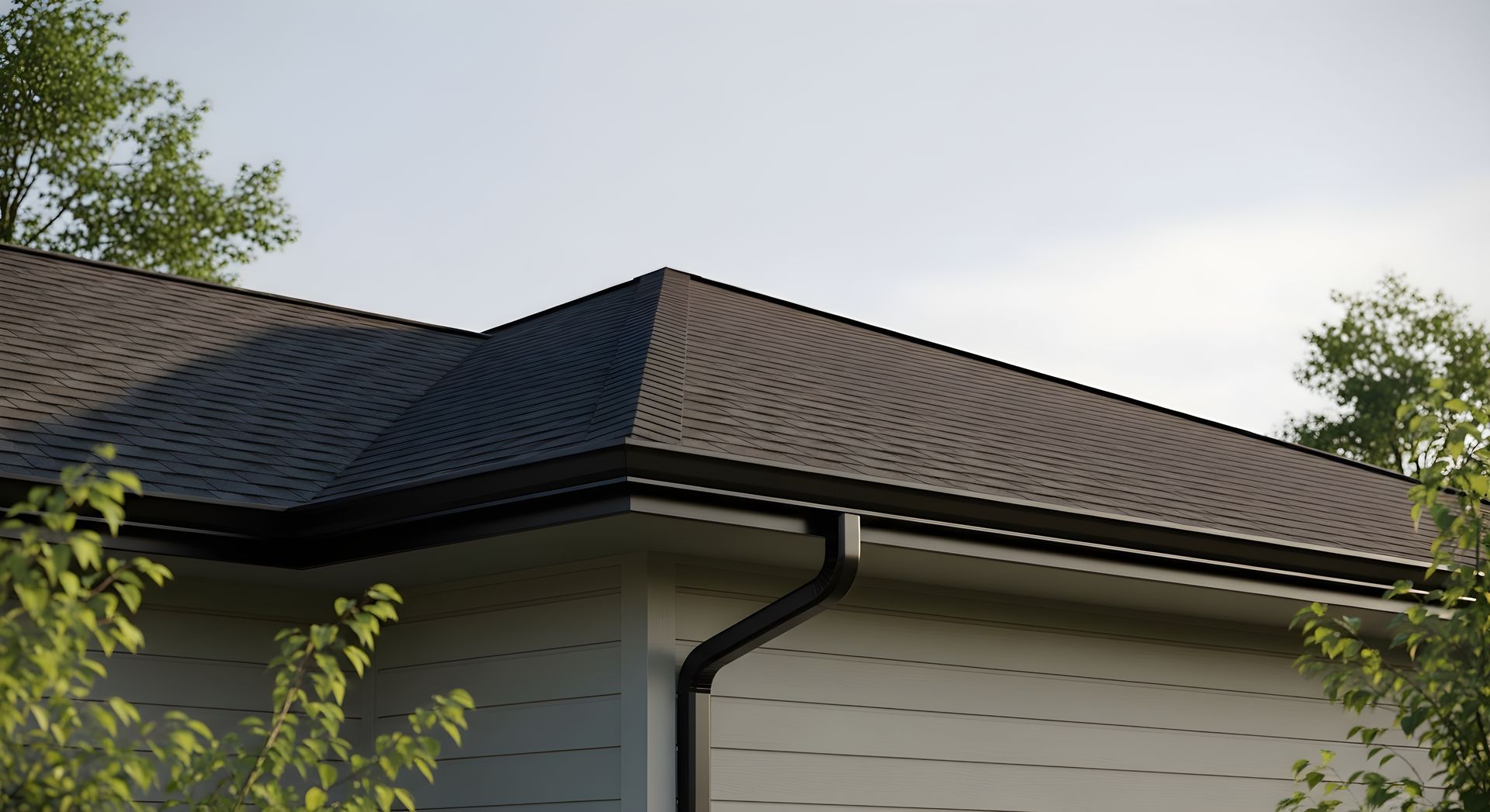Black shingle roof and white house exterior with trees in the background