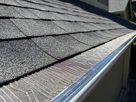 Close-up of a shingle roof with a white gutter and installed gutter guard. Close-up of a shingle roof with a white gutter and installed gutter guard.