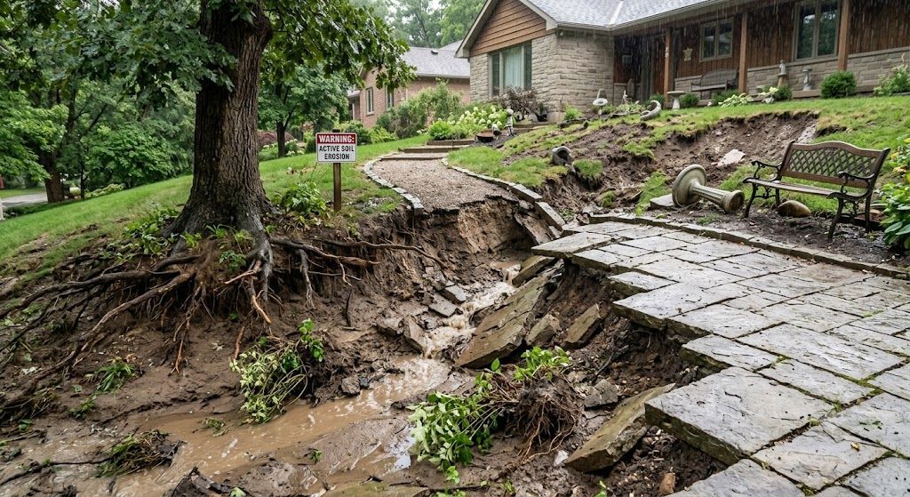 Erosion damage affecting a residential landscape with exposed soil and washed-out areas.
