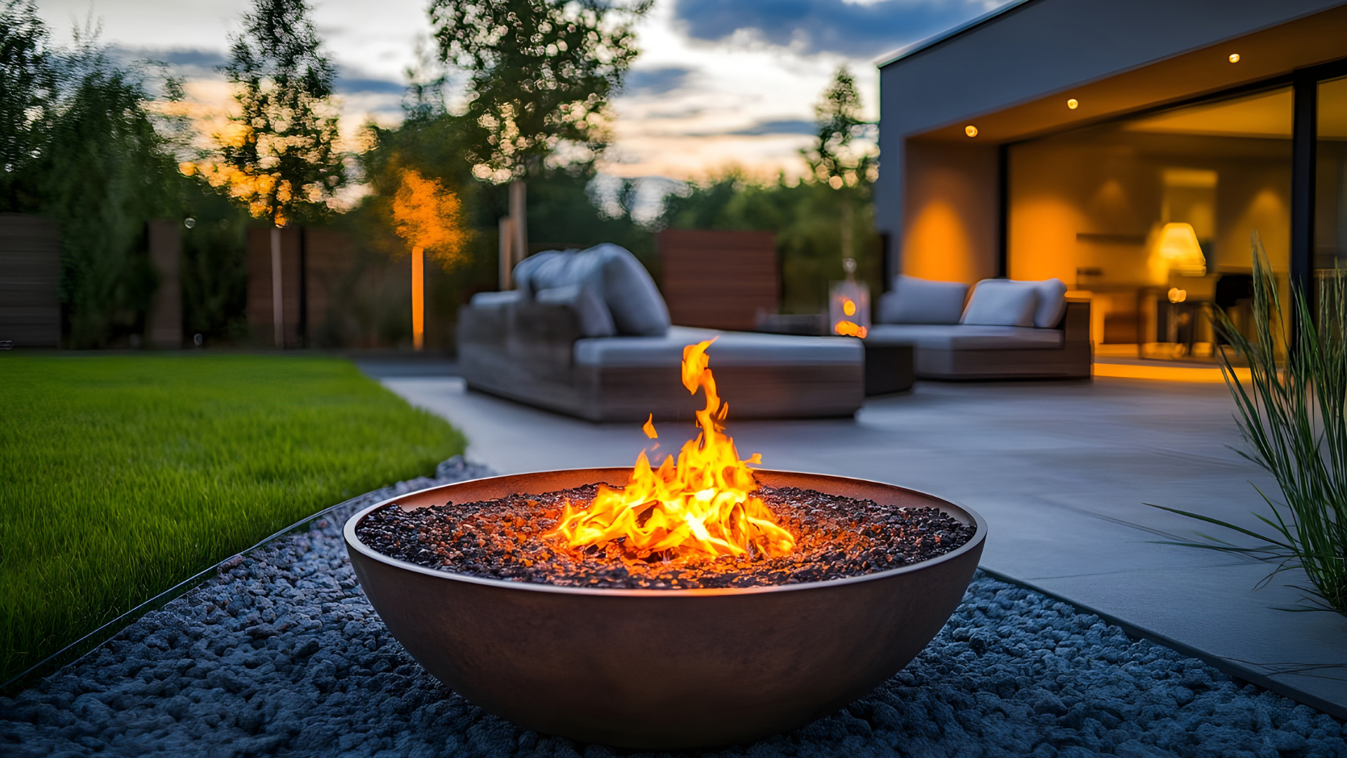 outdoor living space with fire pit and patio