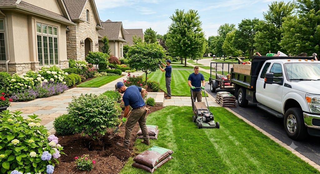 Professional landscapers maintaining a residential yard with planting and lawn care services
