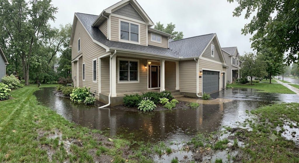 Standing water around a home showing drainage issues after heavy rainfall.