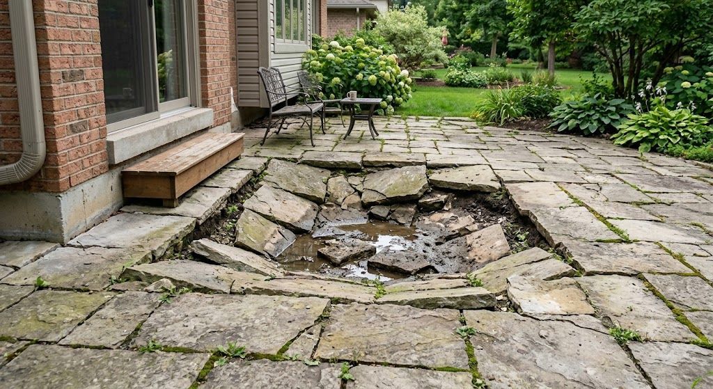 Damaged stone patio with uneven surfaces caused by shifting ground and drainage issues.