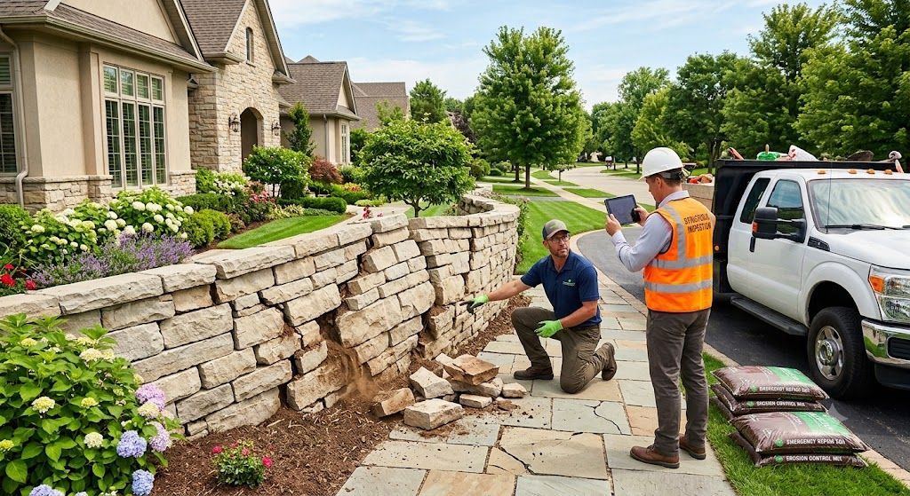 Landscaping professionals repairing a damaged retaining wall with stone materials.