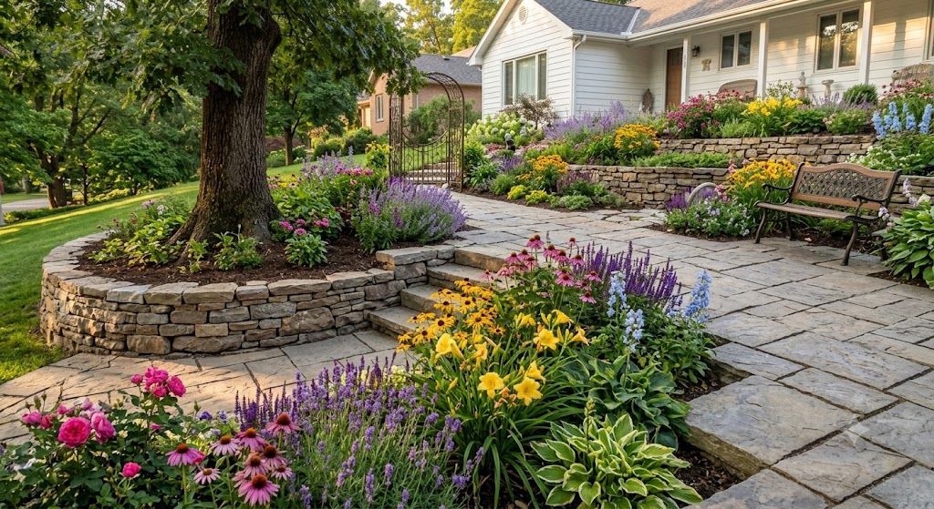Beautiful landscaped yard with stone pathways, colorful plants, and outdoor living space.