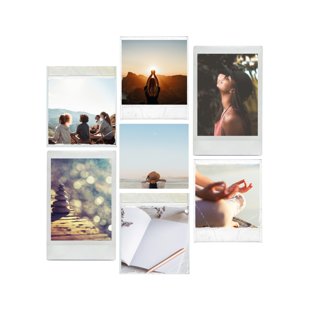 Collage of women at spiritual sol rejuvenation wellness retreat doing meditation, yoga and journaling