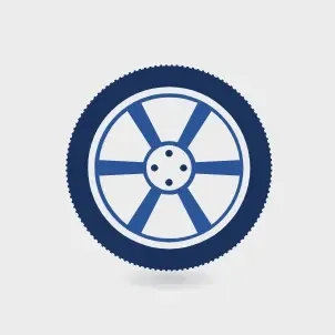 Blue car wheel with tire tread.