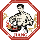 Logo of a chef stirring food in a wok, framed by a red octagon with the word “JIANG” below