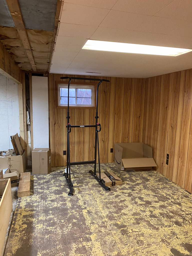 Un sous-sol vide avec des boiseries et une barre de traction.