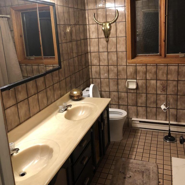Une salle de bain avec deux lavabos et un WC