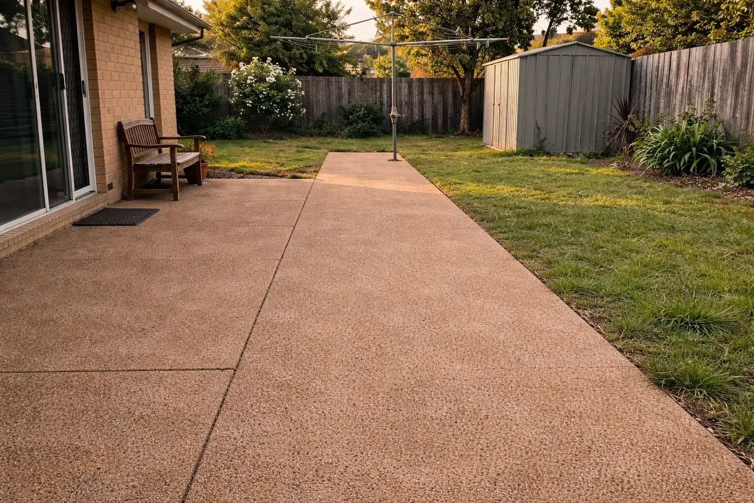 A resurfaced coloured concrete outdoor patio and pathway near Drayton, Toowoomba.