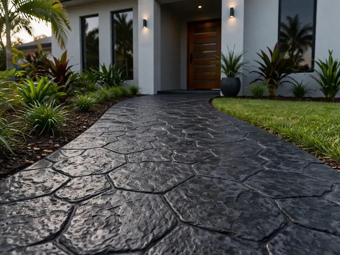 A dark, textured stamped concrete walkway leads to the entrance of a modern house in Middle Ridge, Toowoomba