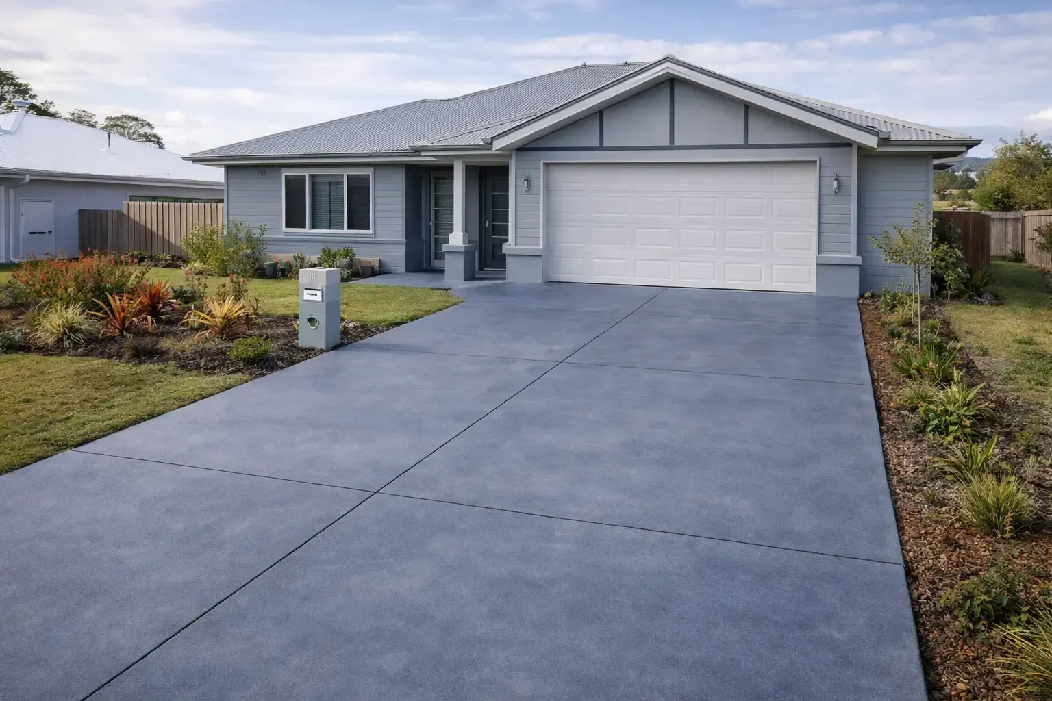 Blue house with white garage door and blue coloured concrete driveway. Harlaxton, Toowoomba.