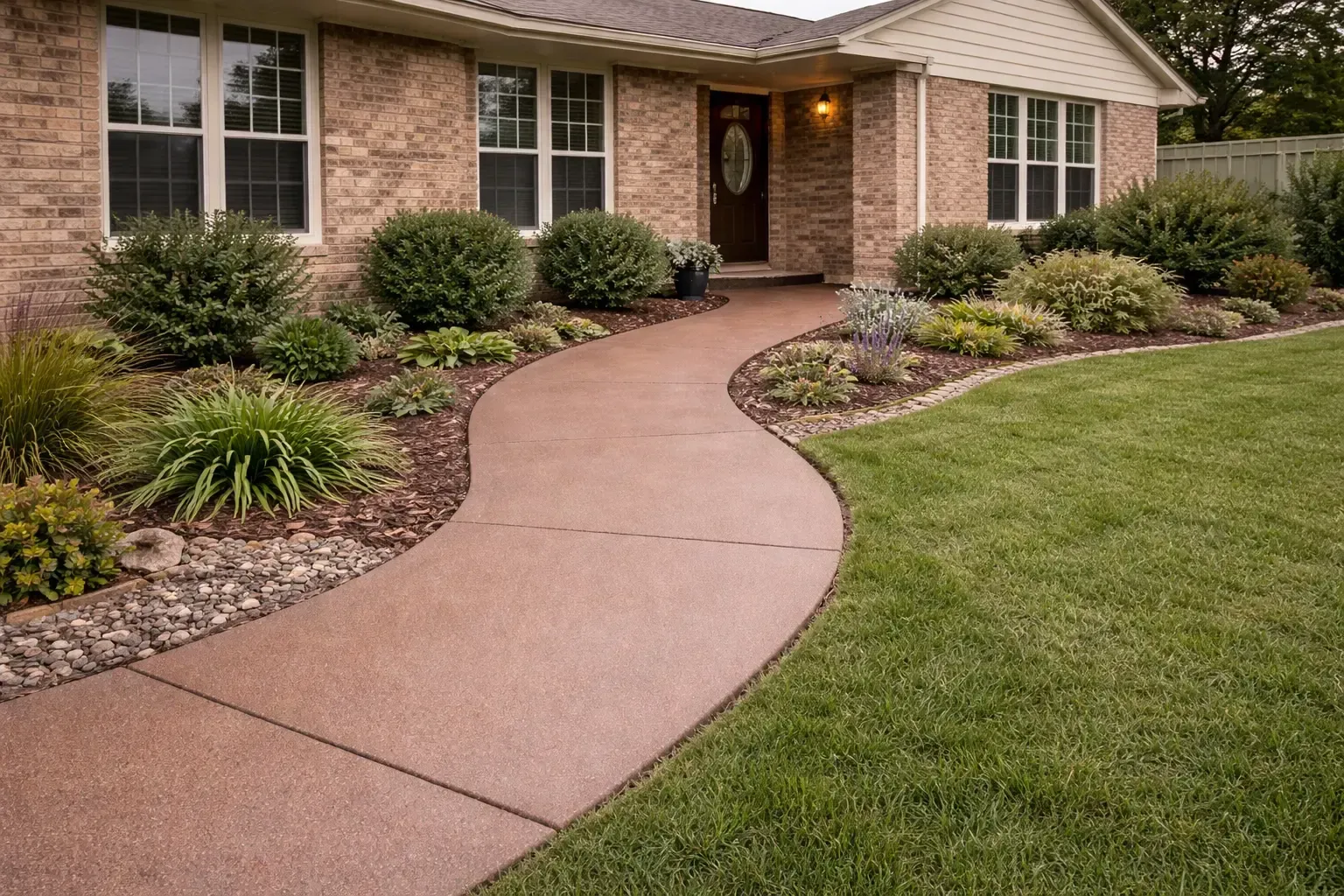 A curved coloured concrete walkway leads to the front entrance of a brick house in South Toowoomba