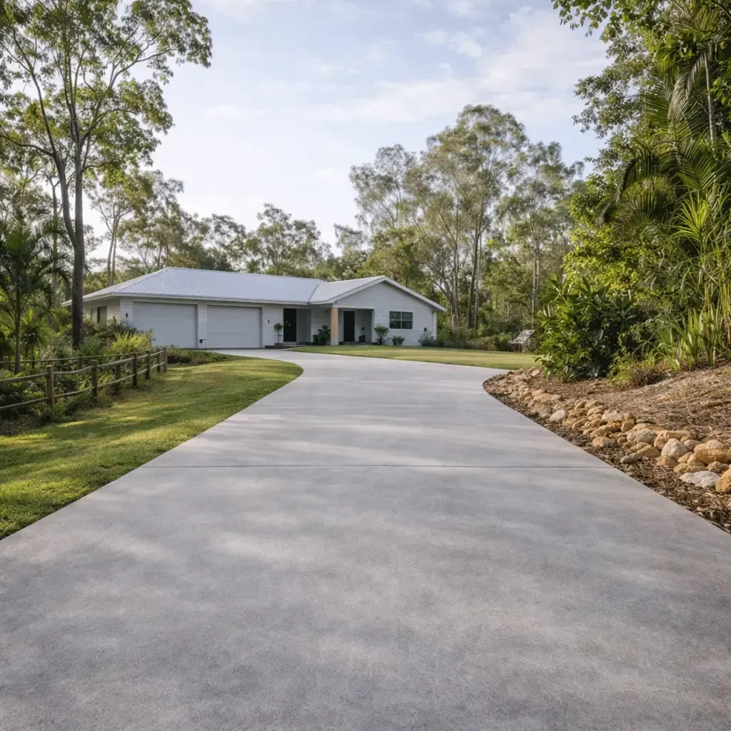 Long concrete driveway leads to a white house on an acreage in Helidon, QLD