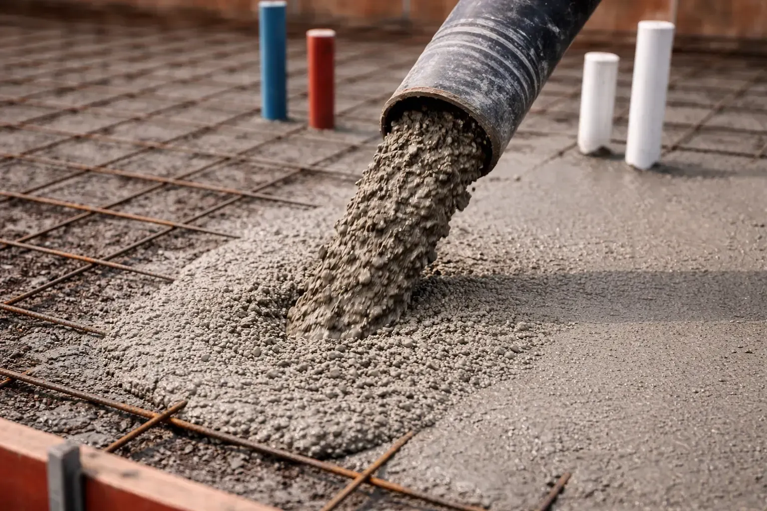 Concrete pours from a pump hose onto a metal grid base near vertical pipes at a construction site in Toowoomba
