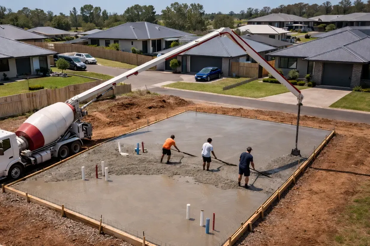 A concrete truck with a pump boom pours cement into a framed foundation in Toowoomba.