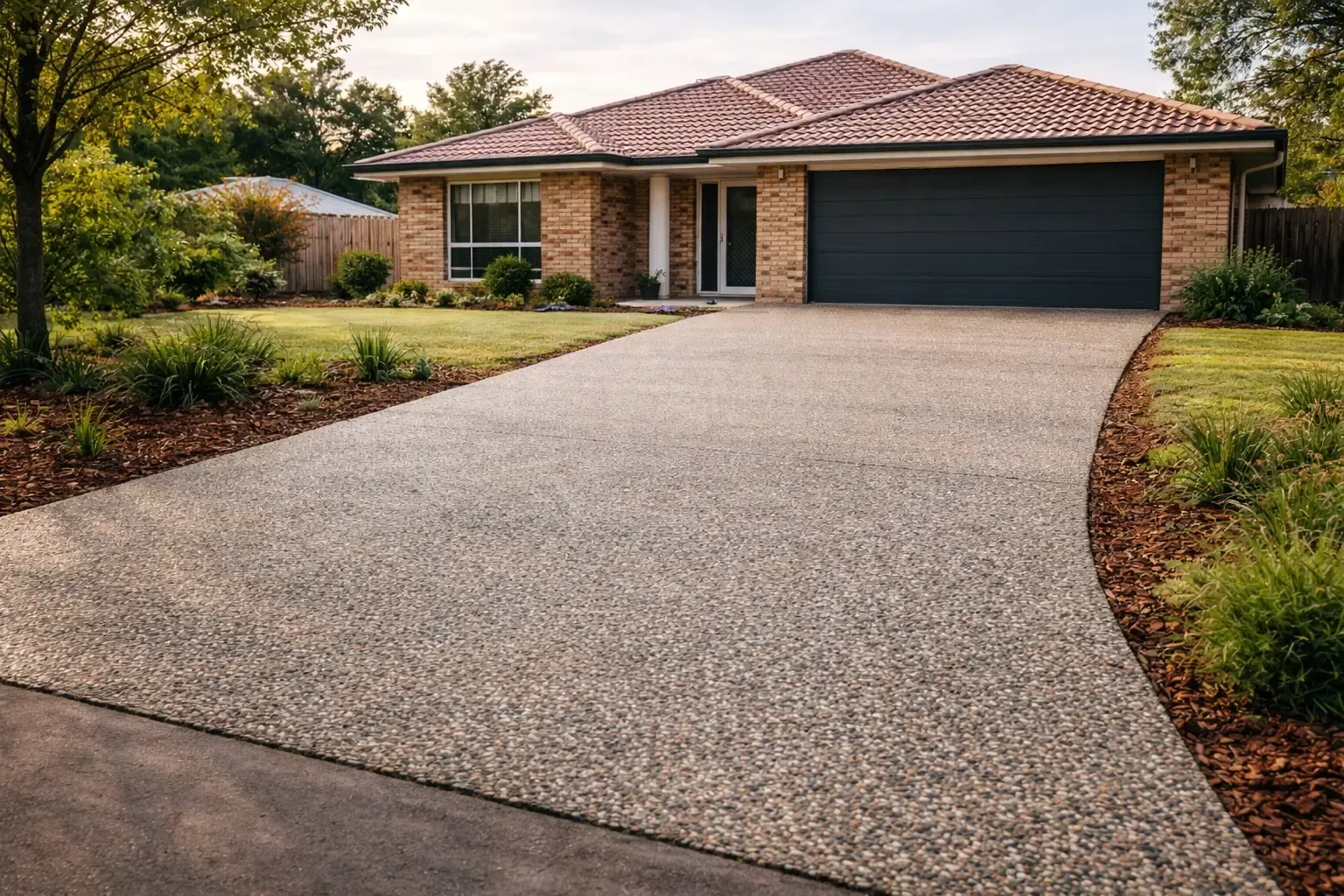 Concrete aggregate driveway with a brick house with a garage and neat yard in Highfields, Toowoomba