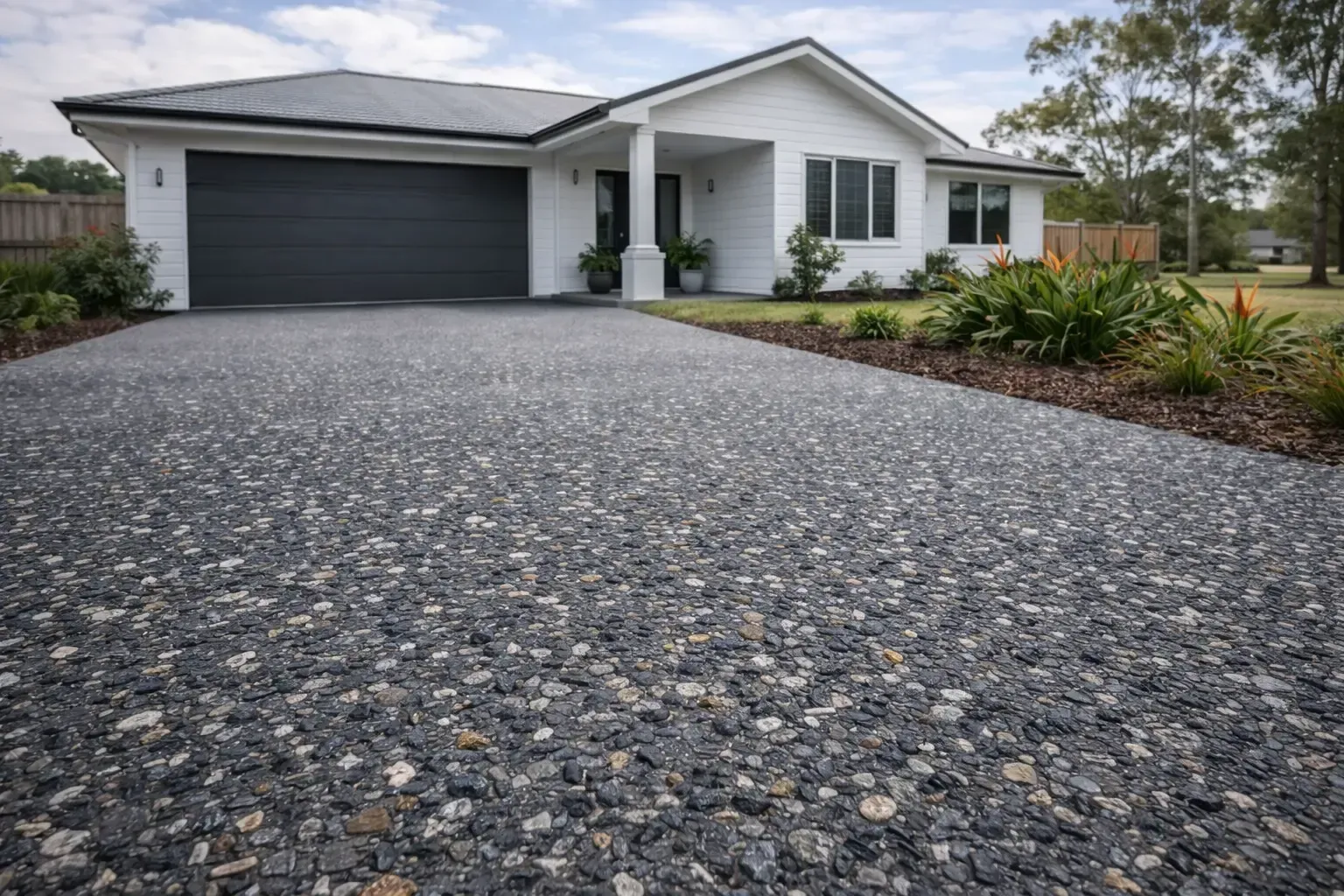Dark exposed aggregate concrete driveway leading to a white house in Middle Ridge Toowoomba, QLD